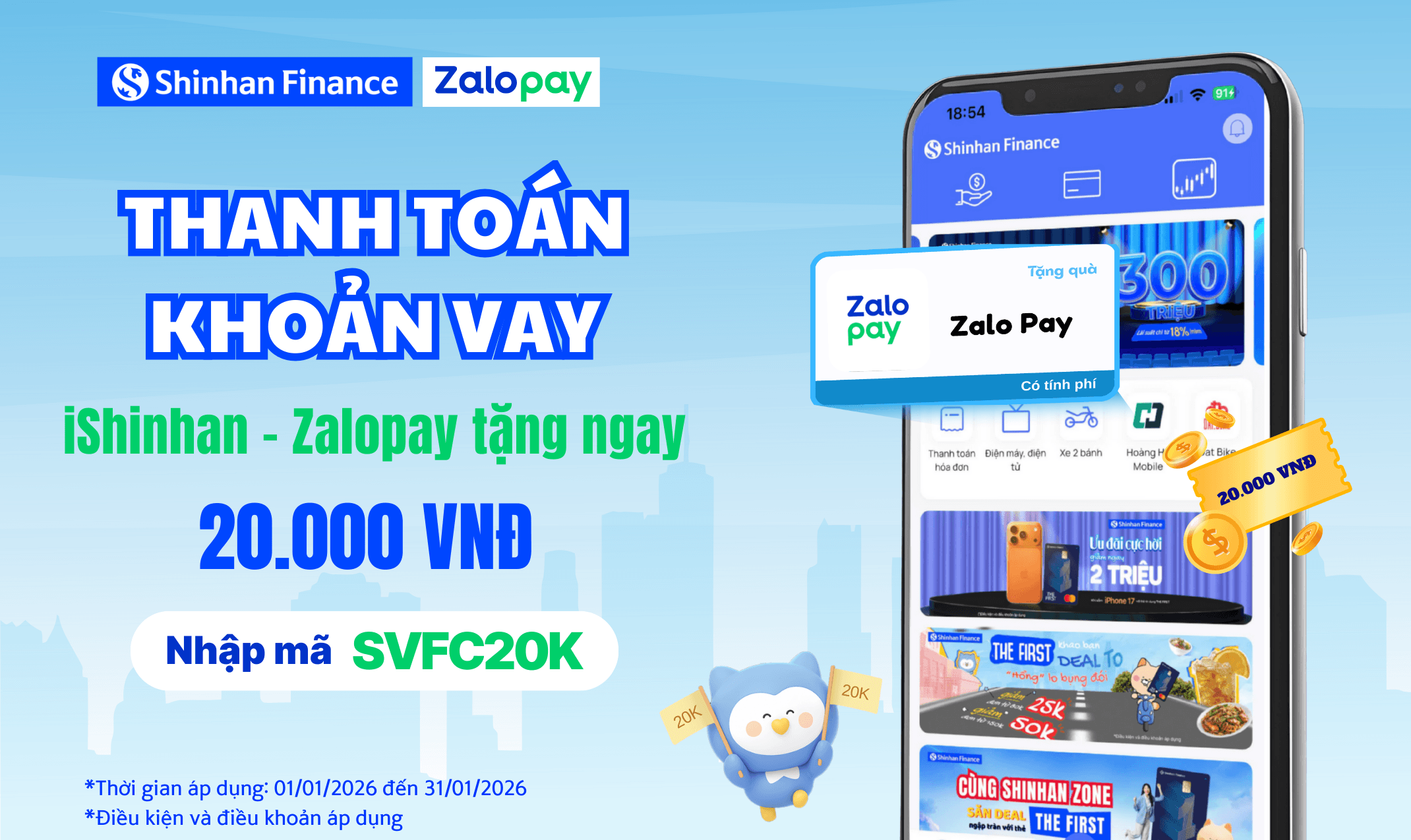 Thanh toán khoản vay, iShinhan – Zalopay tặng ngay 20.000 VNĐ